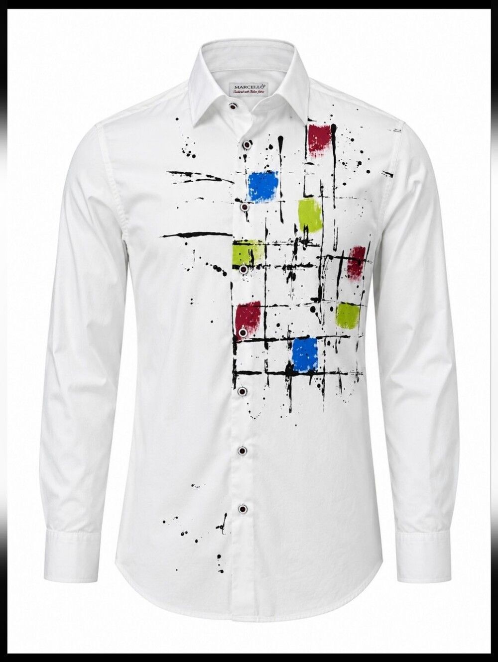 Marcello Italian Fabric Abstract Paint Splatter Button Front Dress Shirt White L
